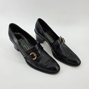 Cole Haan Black Leather Mid Heel Loafers with Gold Buckle